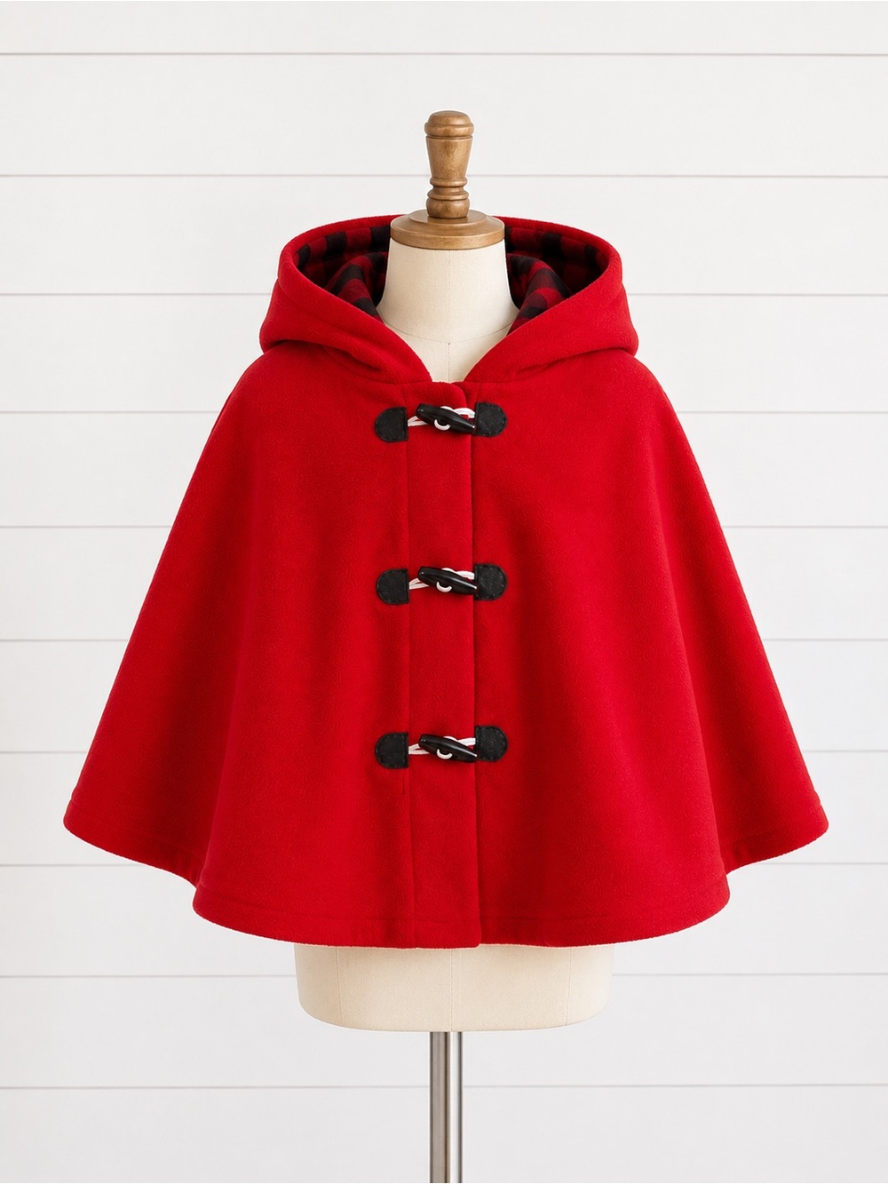 Girls Size 5 Red Hooded Fleece Cape Buffalo Plaid Toggle Coat Red Riding Hood